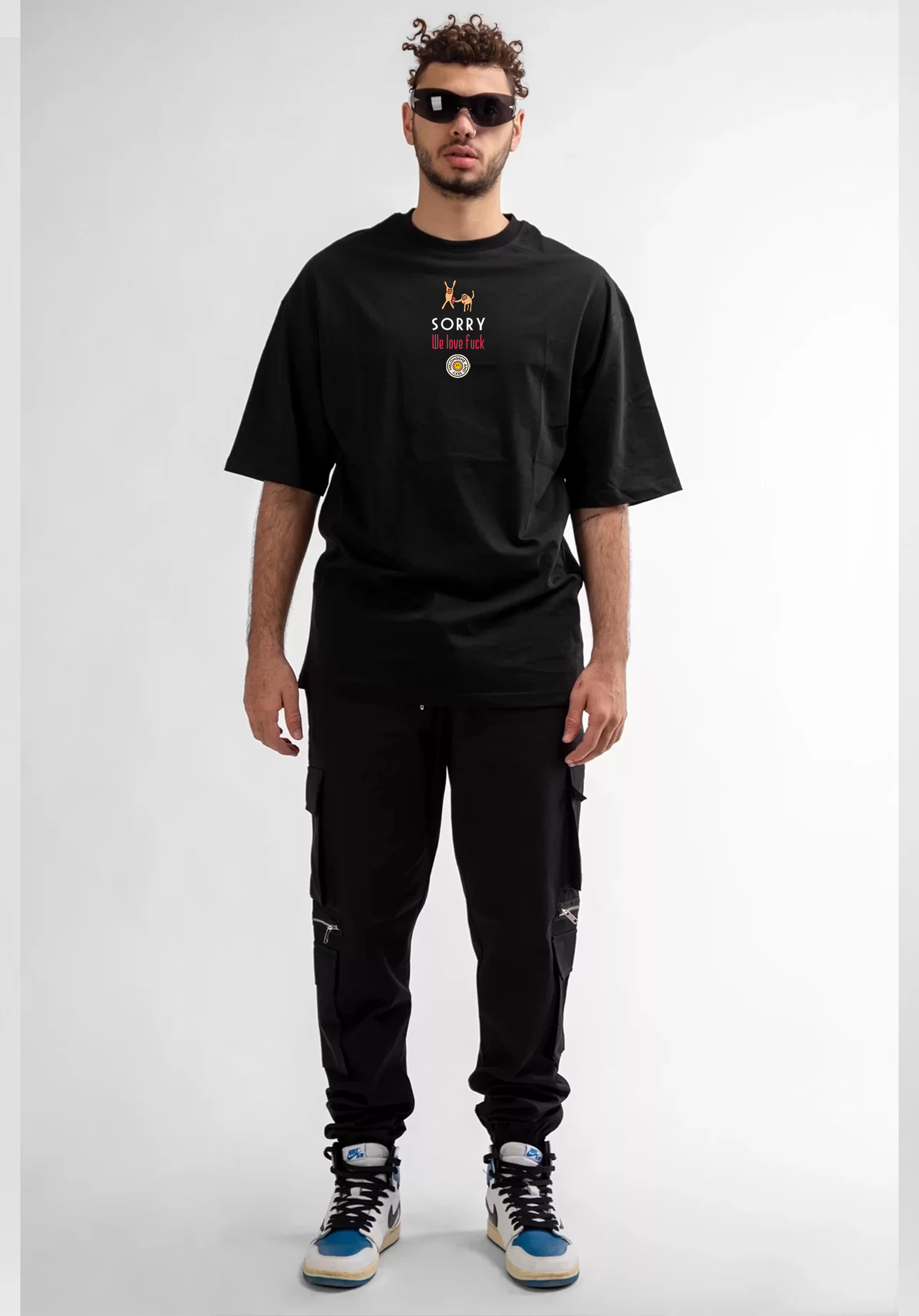 Sorry we love fuck, oversize özel tasarım illüstrasyon acid wash yıkamalı tişört* - melongeneCo