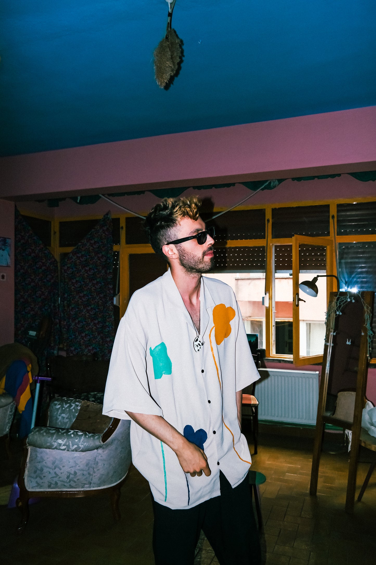 Keten oversıze gömlek çiçek shape baskılı gömlek - melongeneCo