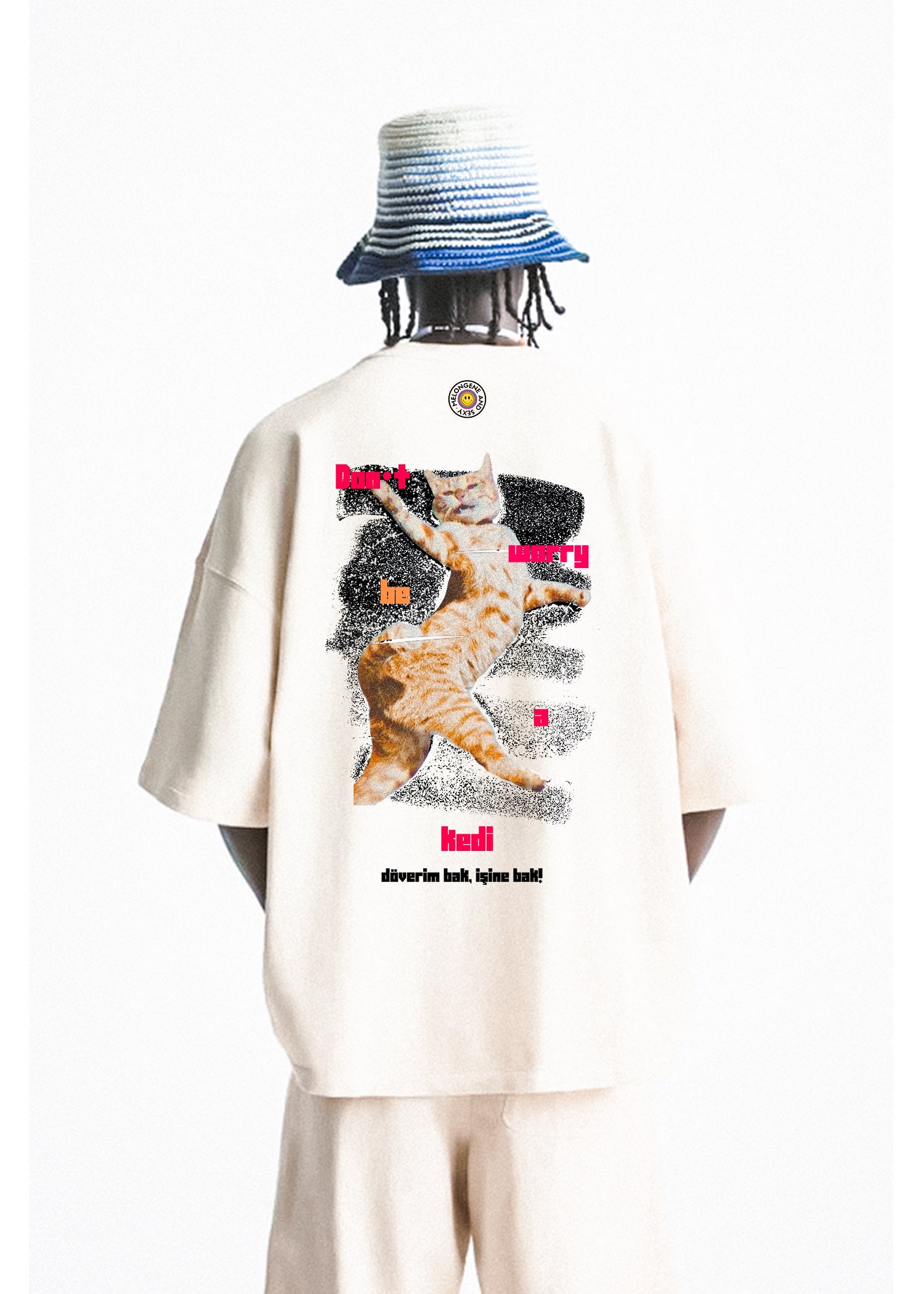 Don•t worry be a kedi beyaz oversize tişört - melongeneCo