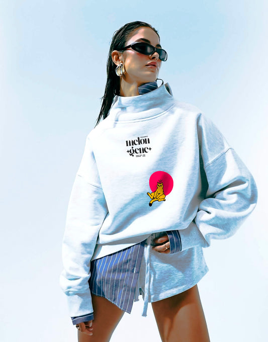 Bi kedi varmış dünyadan şok sıkılmış / oversize tasarım gri sweatshirt - melongeneCo