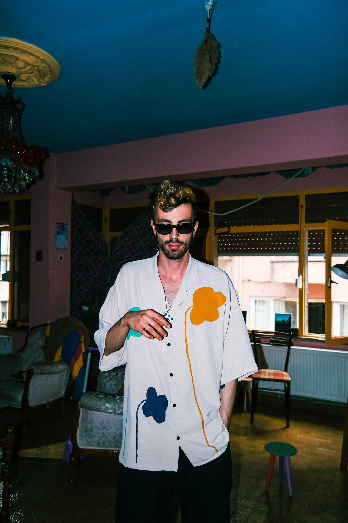 Keten oversıze gömlek çiçek shape baskılı gömlek - melongeneCo