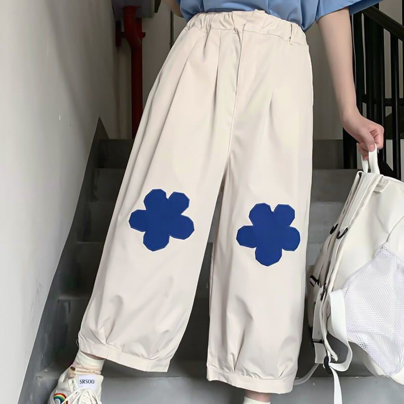 Keten mavi çiçekli balon pantolon - melongeneCo