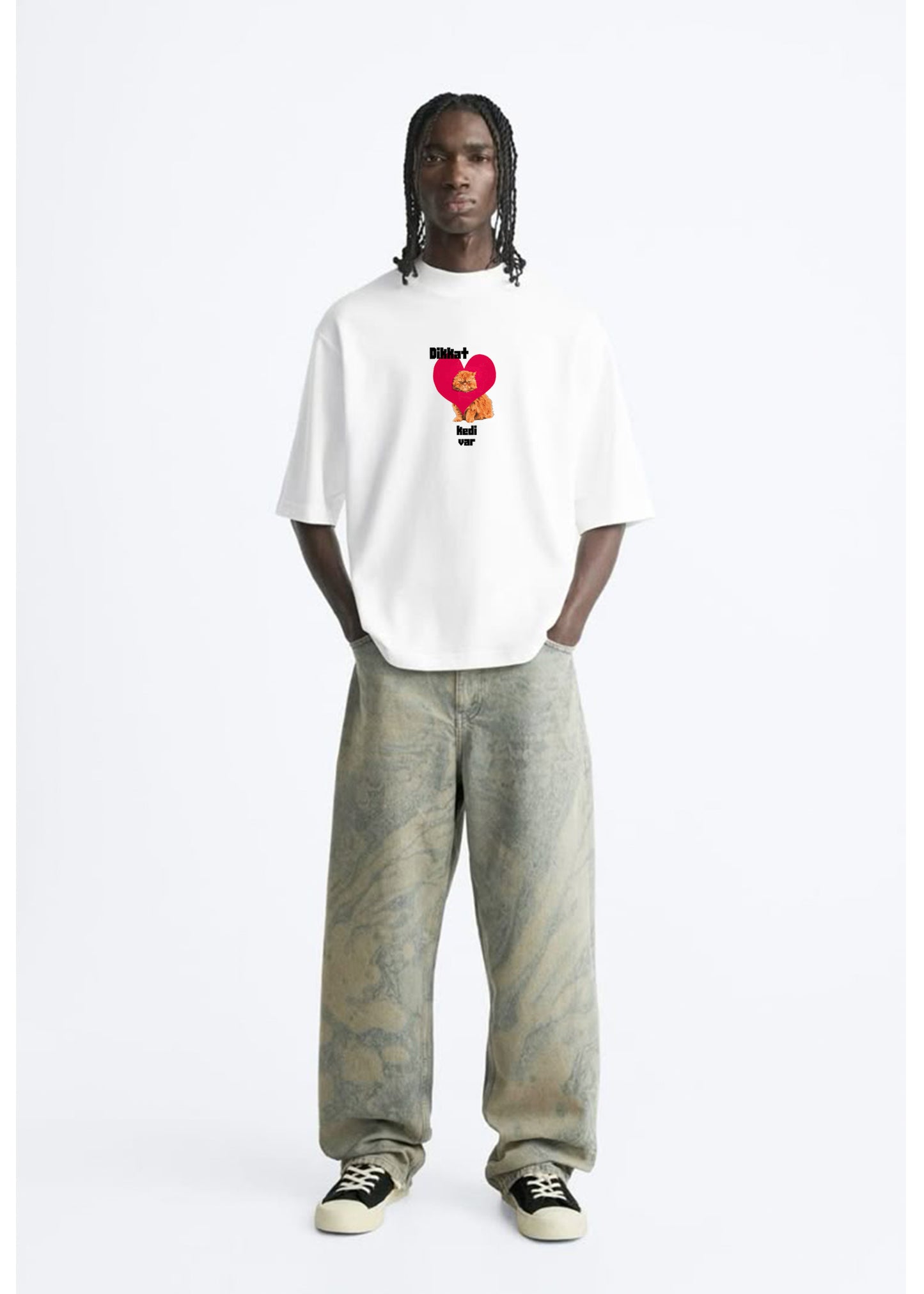 Don•t worry be a kedi beyaz oversize tişört - melongeneCo