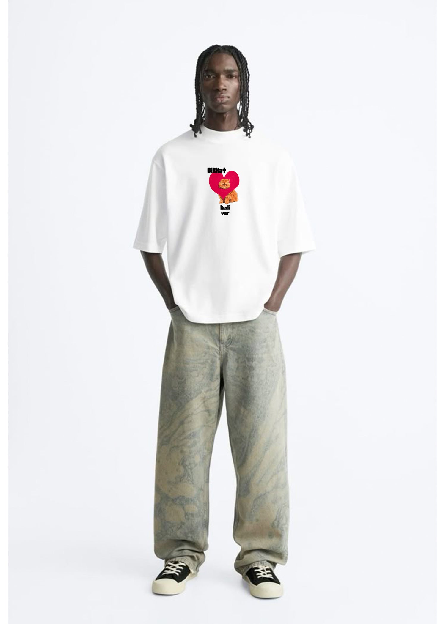 Don•t worry be a kedi beyaz oversize tişört - melongeneCo