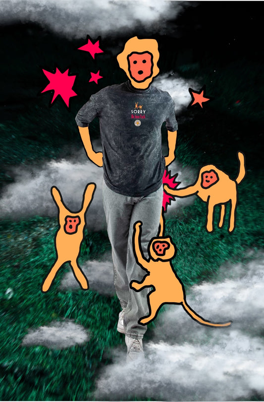 Sorry we love fuck, oversize özel tasarım illüstrasyon acid wash yıkamalı tişört* - melongeneCo