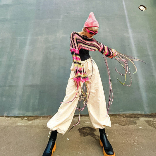 Çizgili püsküllü crochet kazak - melongeneCo