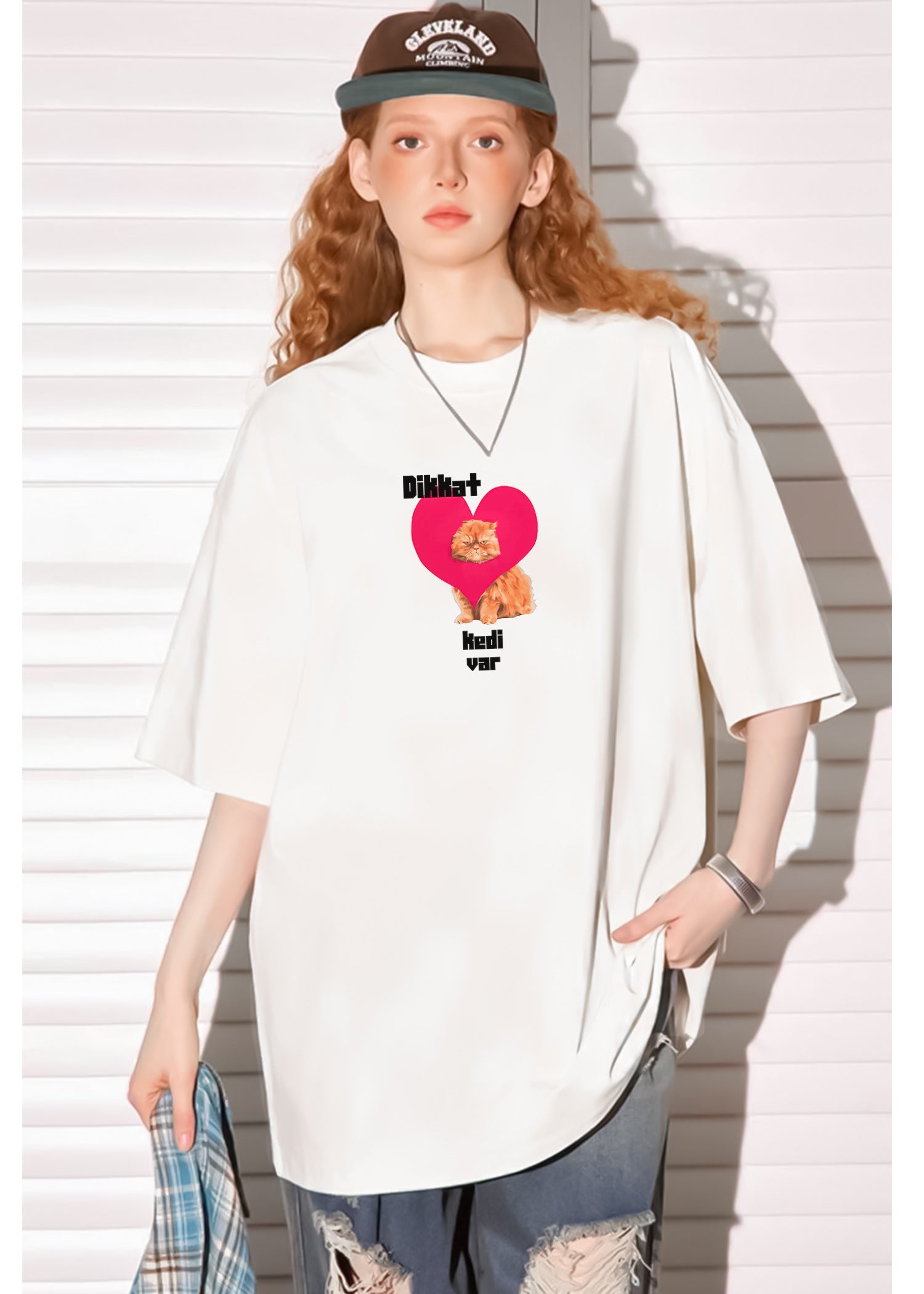 Don•t worry be a kedi beyaz oversize tişört - melongeneCo