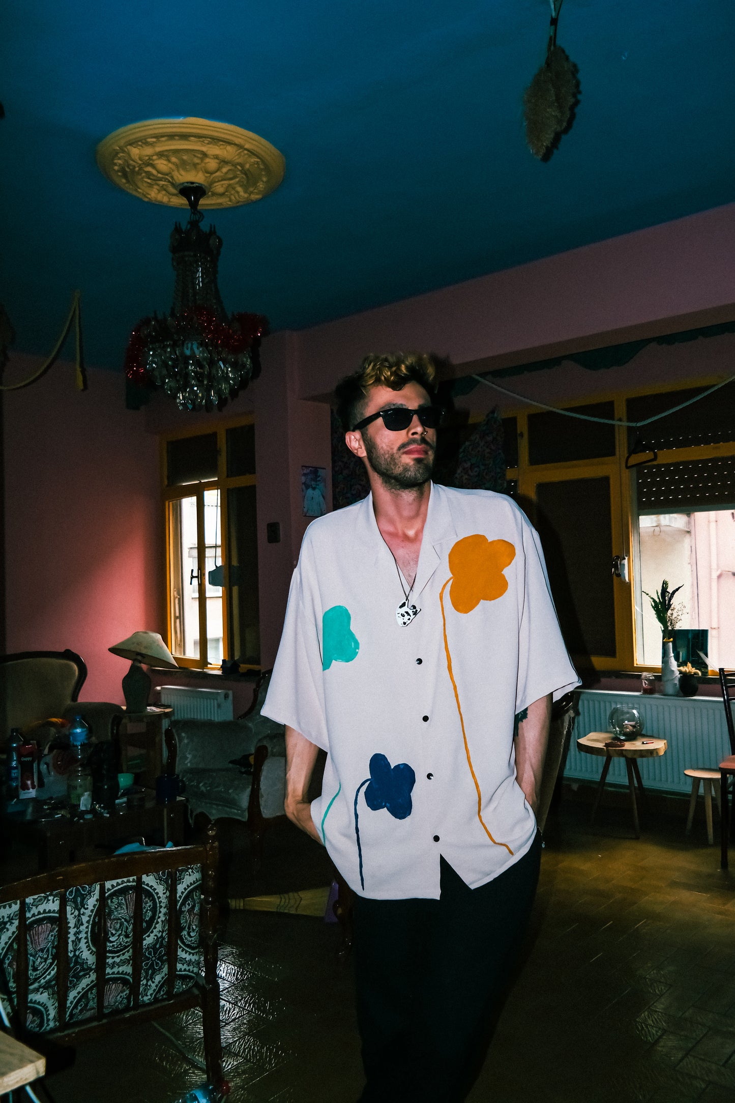 Keten oversıze gömlek çiçek shape baskılı gömlek - melongeneCo