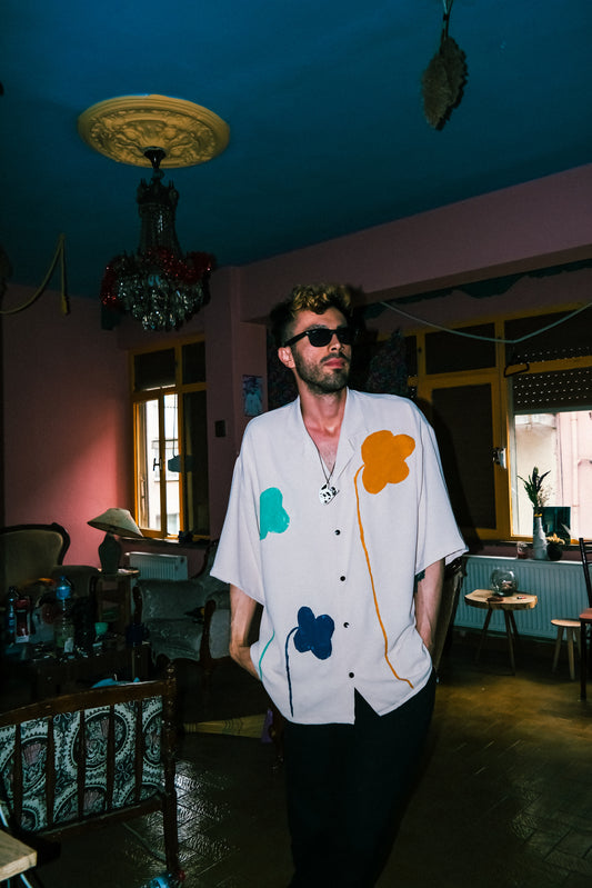 Keten oversıze gömlek çiçek shape baskılı gömlek - melongeneCo