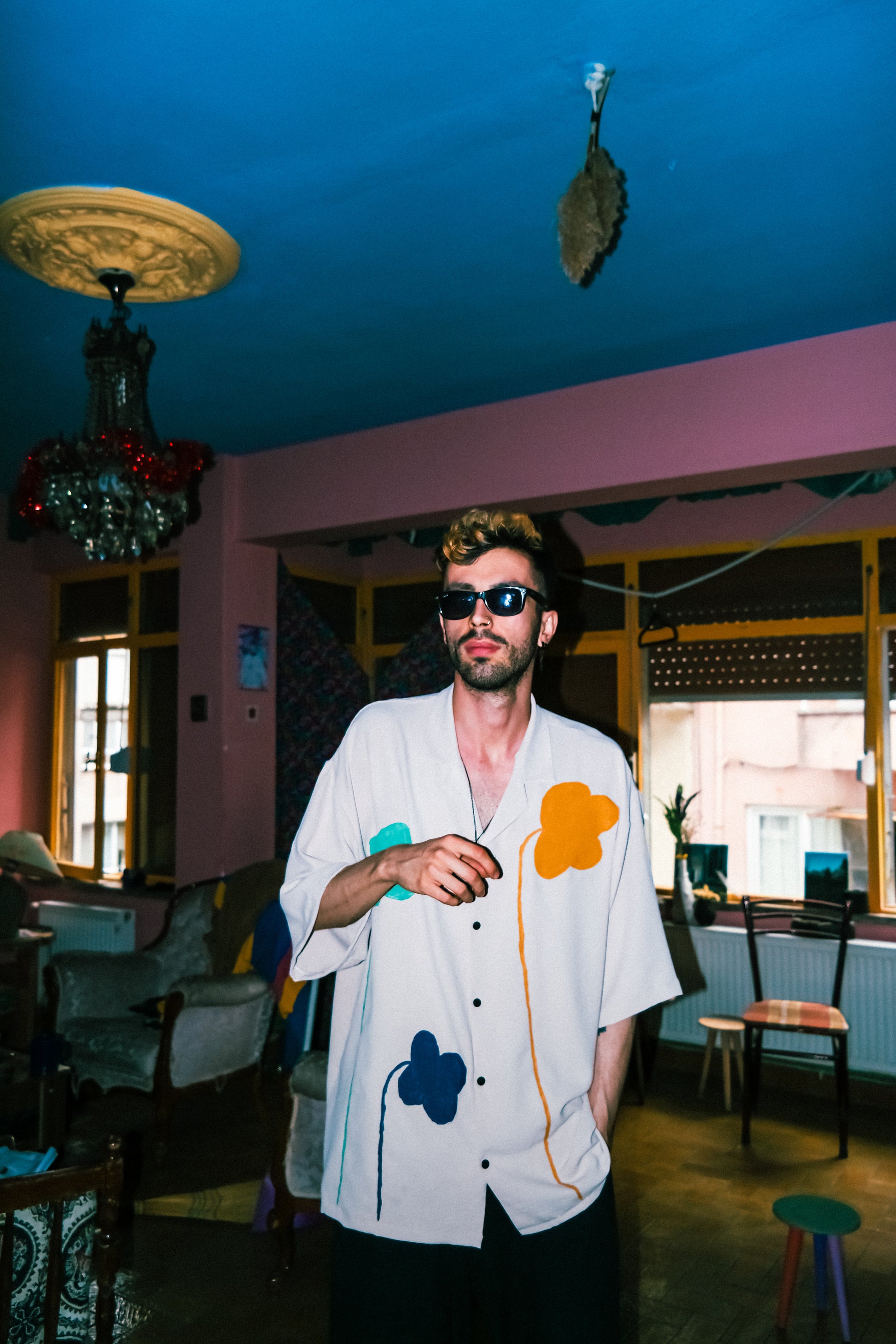 Keten oversıze gömlek çiçek shape baskılı gömlek - melongeneCo