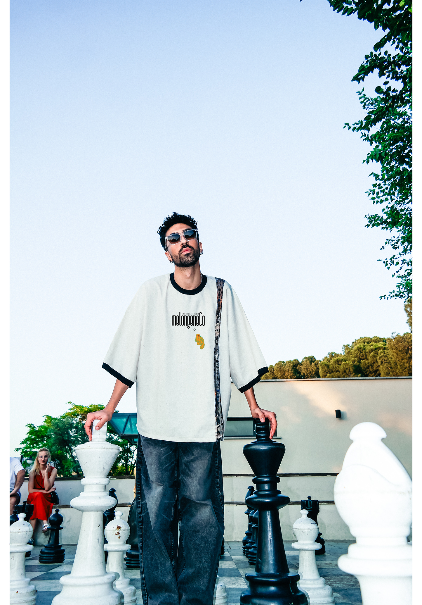 melongeneCo Keten tişört and tül şerit line / oversize özel tasarım bej tişört - melongeneCo