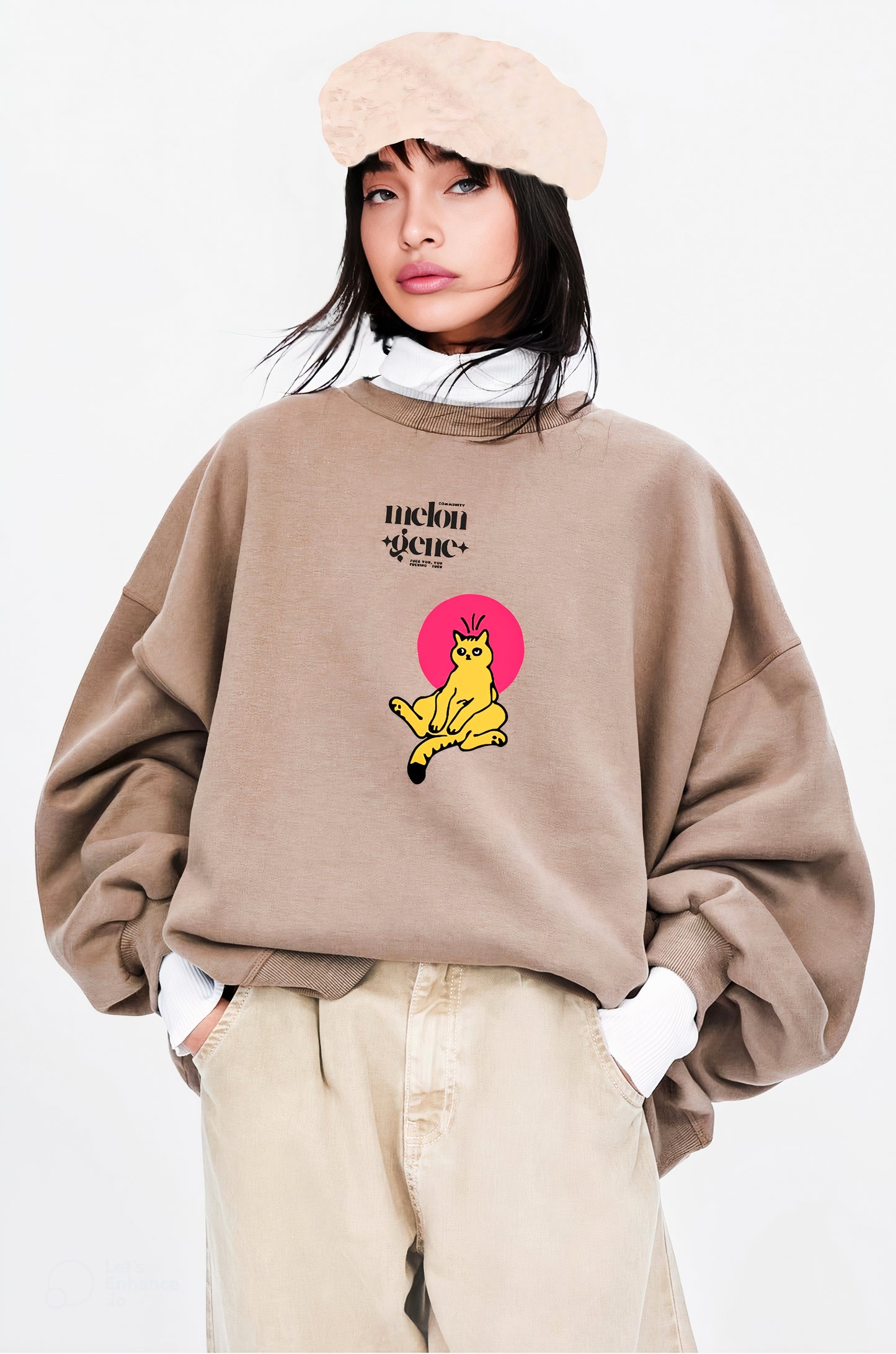 Bi kedi varmış dünyadan şok sıkılmış / oversize tasarım bej sweatshirt - melongeneCo