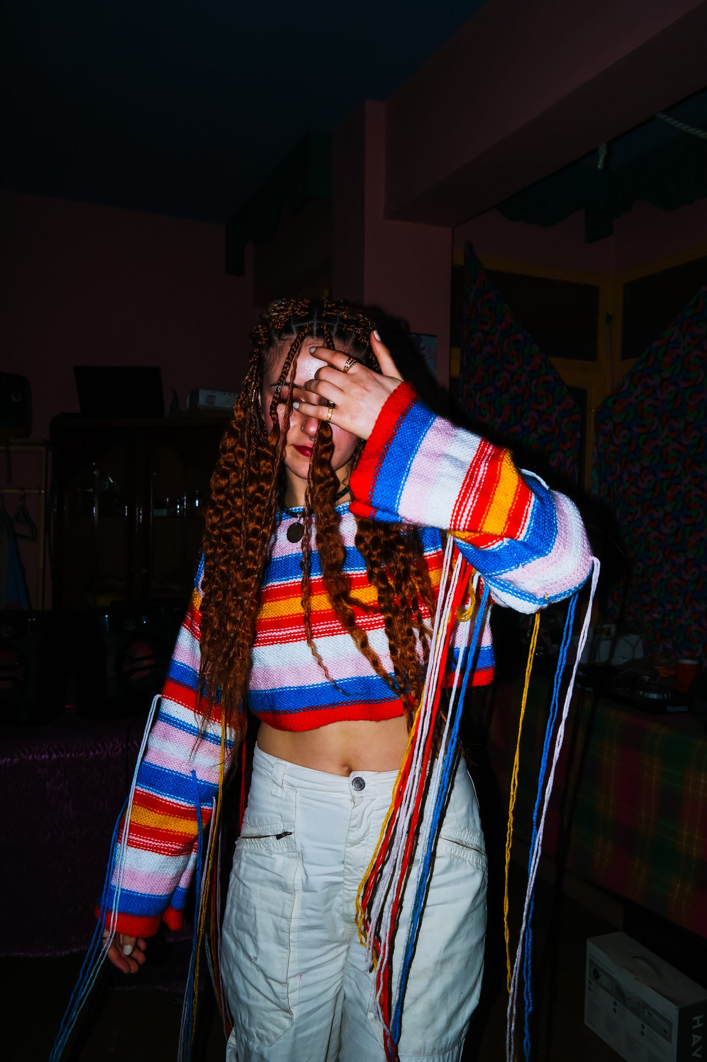 Çizgili püsküllü örgü kazak - melongeneCo