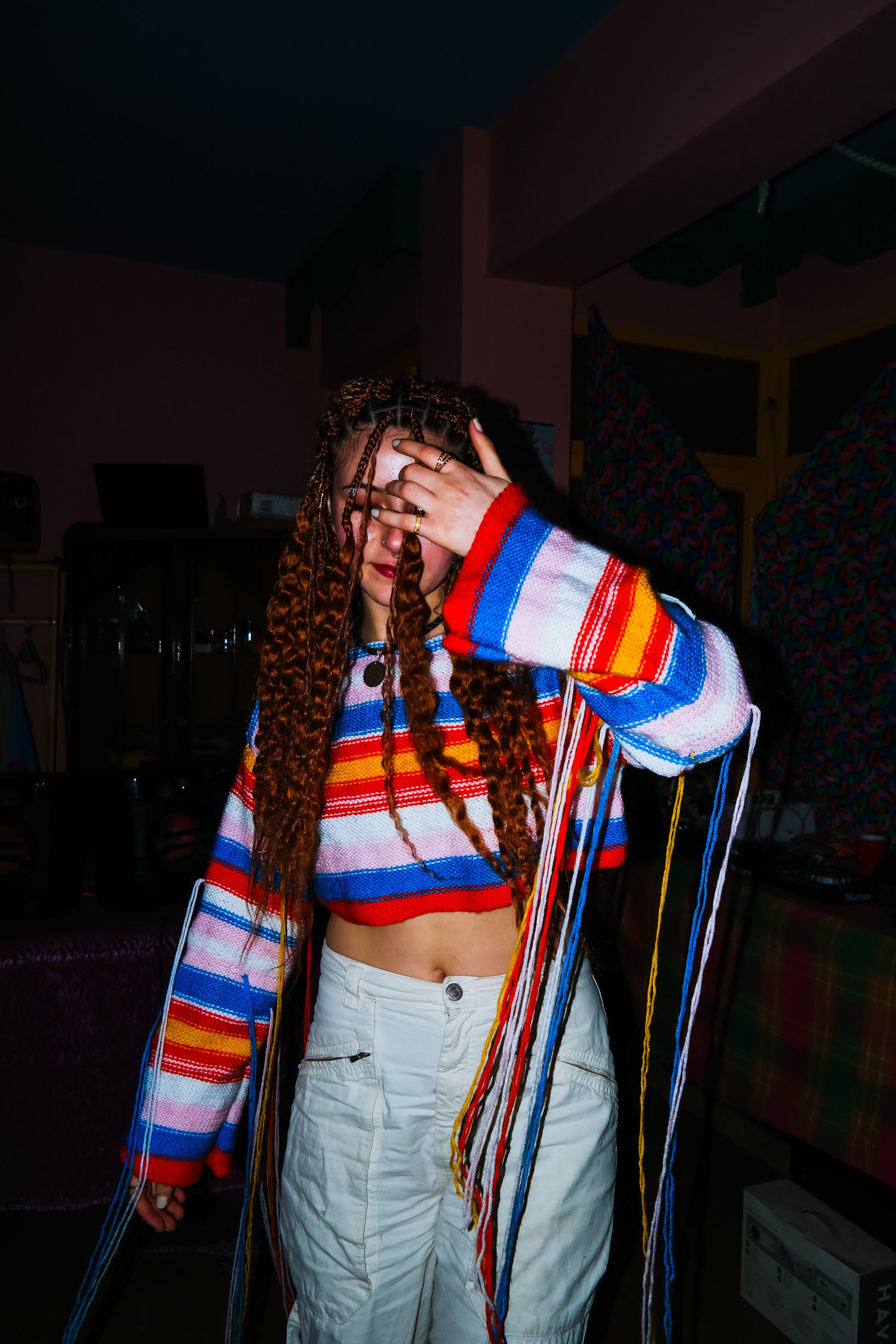 Çizgili püsküllü örgü kazak - melongeneCo