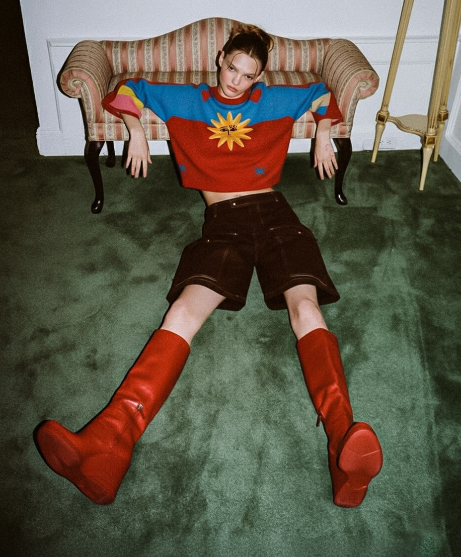 Özel tasarım sun and friends örgü kırmızı mavi sarı kazak - melongeneCo