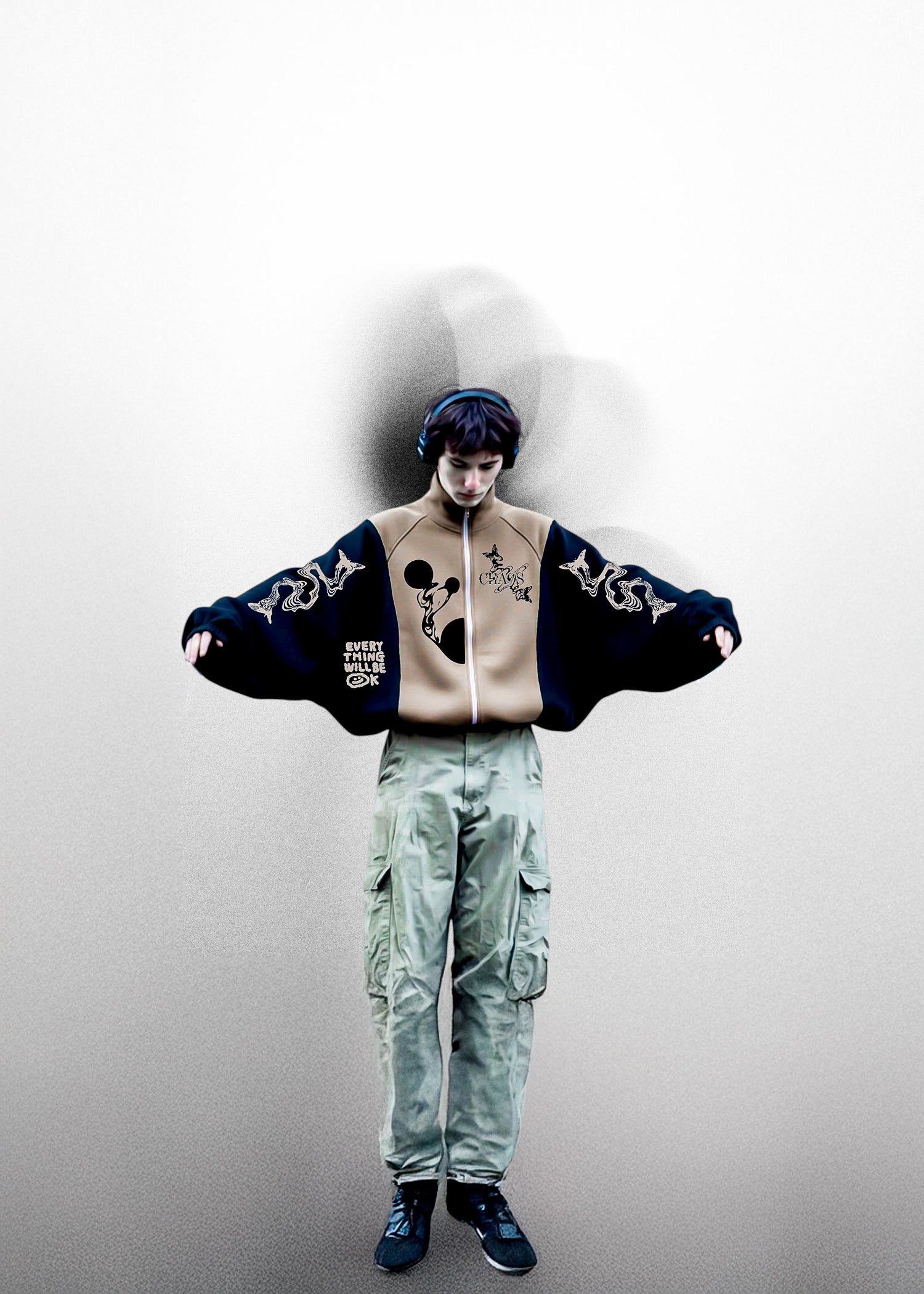 “in all this chaos, i just love u” bej siyah hırka ceket - melongeneCo