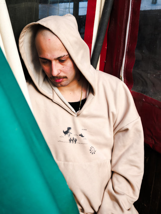 No internet dinasour Bej açık yakalı hoodie - melongeneCo
