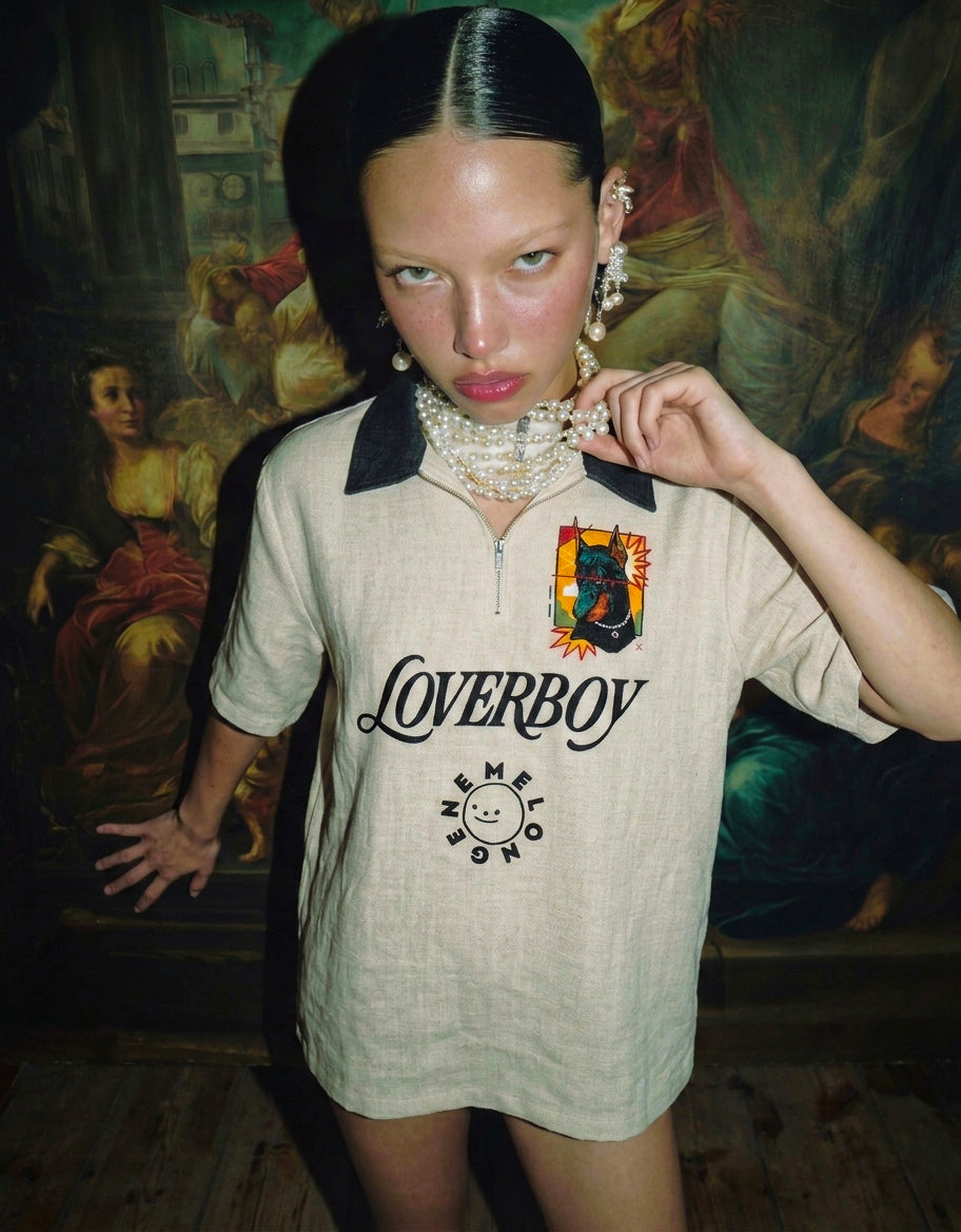 Loverboy bej oversize midi keten tişört - melongeneCo