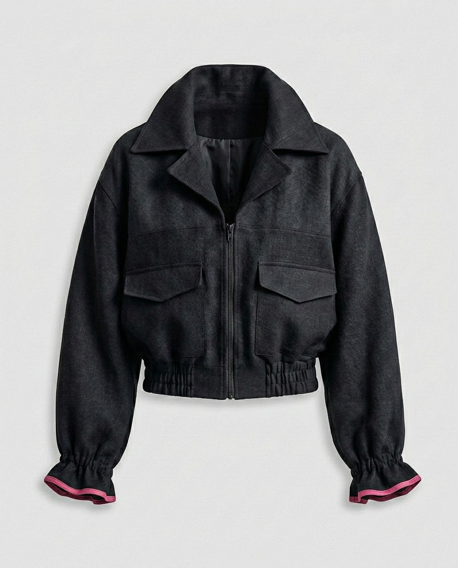 Cool yaka siyah keten bomber ceket