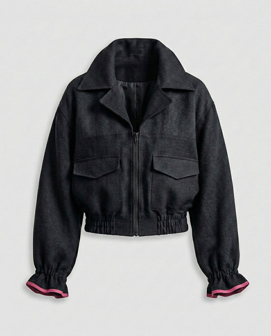 Cool yaka siyah keten bomber ceket