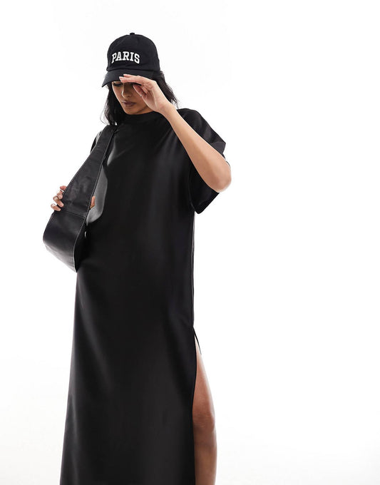 Siyah saten yırtmaçlı elbise - melongeneCo