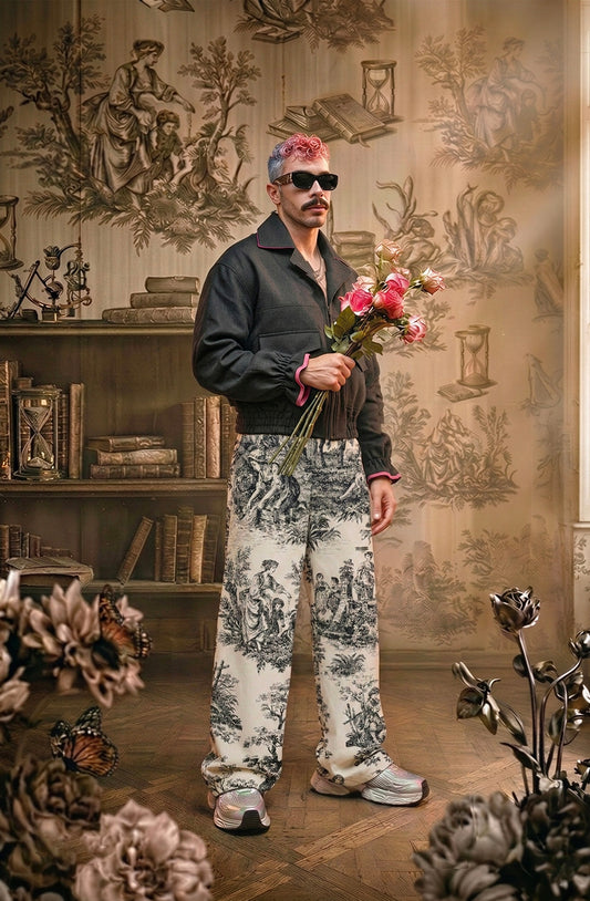 Antik desen ince geniş paça ham pamuk pantolon