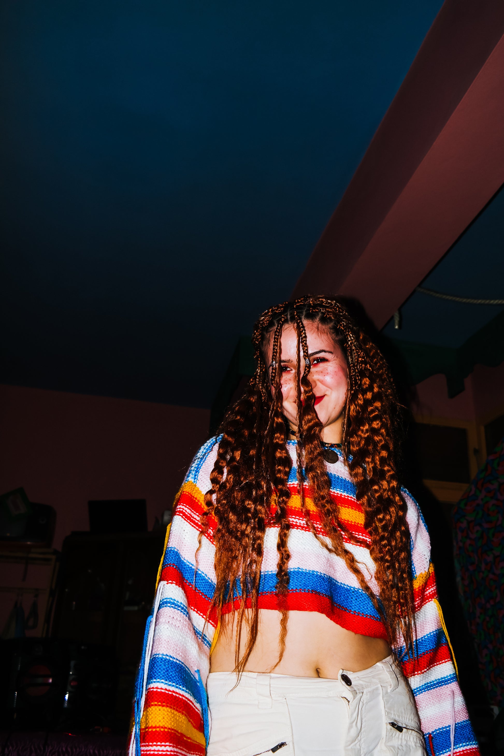 Çizgili püsküllü örgü kazak - melongeneCo