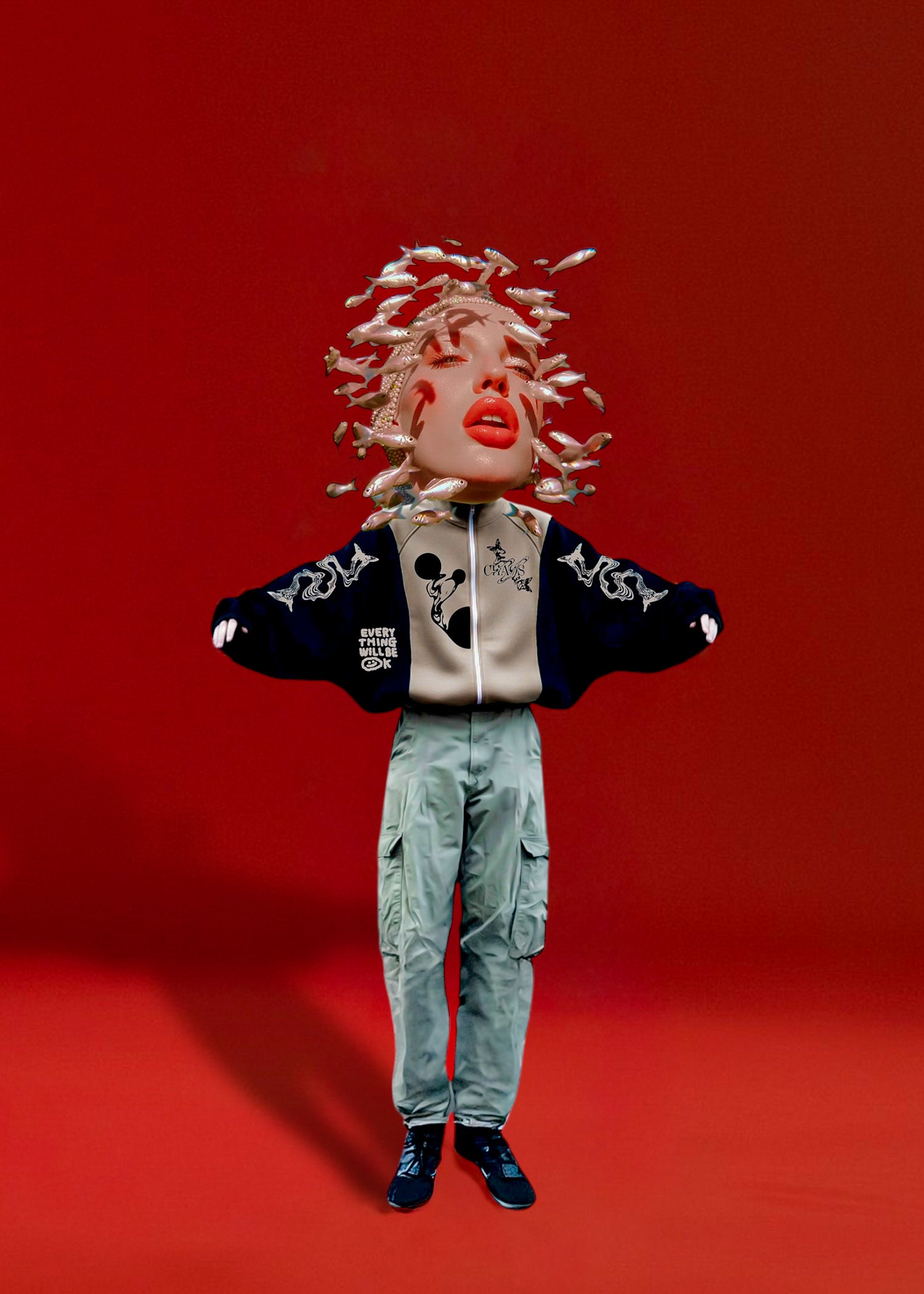 “in all this chaos, i just love u” bej siyah hırka ceket - melongeneCo