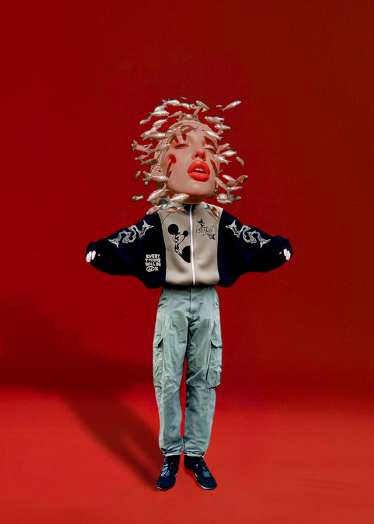 “in all this chaos, i just love u” bej siyah hırka ceket - melongeneCo