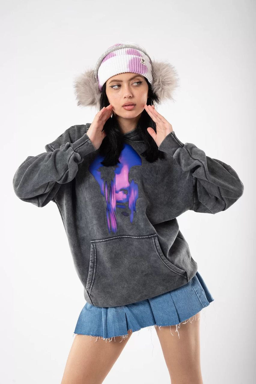 Acid wash siyah gri hoodie