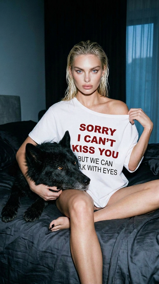 Sorry I can’t kiss you omuzu açık tişört