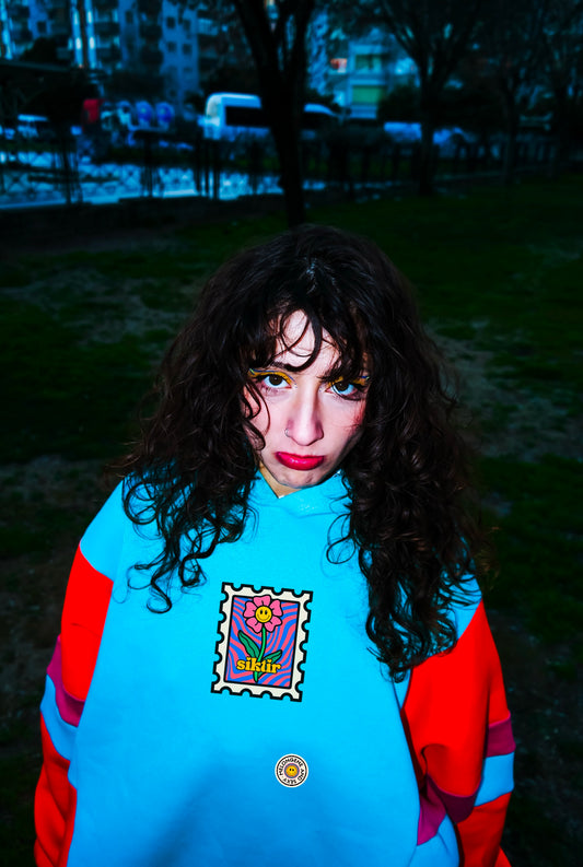 Siktir” desenli tasarım Oversize çok renkli mavi sweatshirt hoodie - melongeneCo