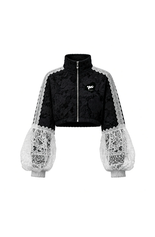 Çift kat siyah dantel desenli spor crop ceket / crop & midi seçenekleriyle