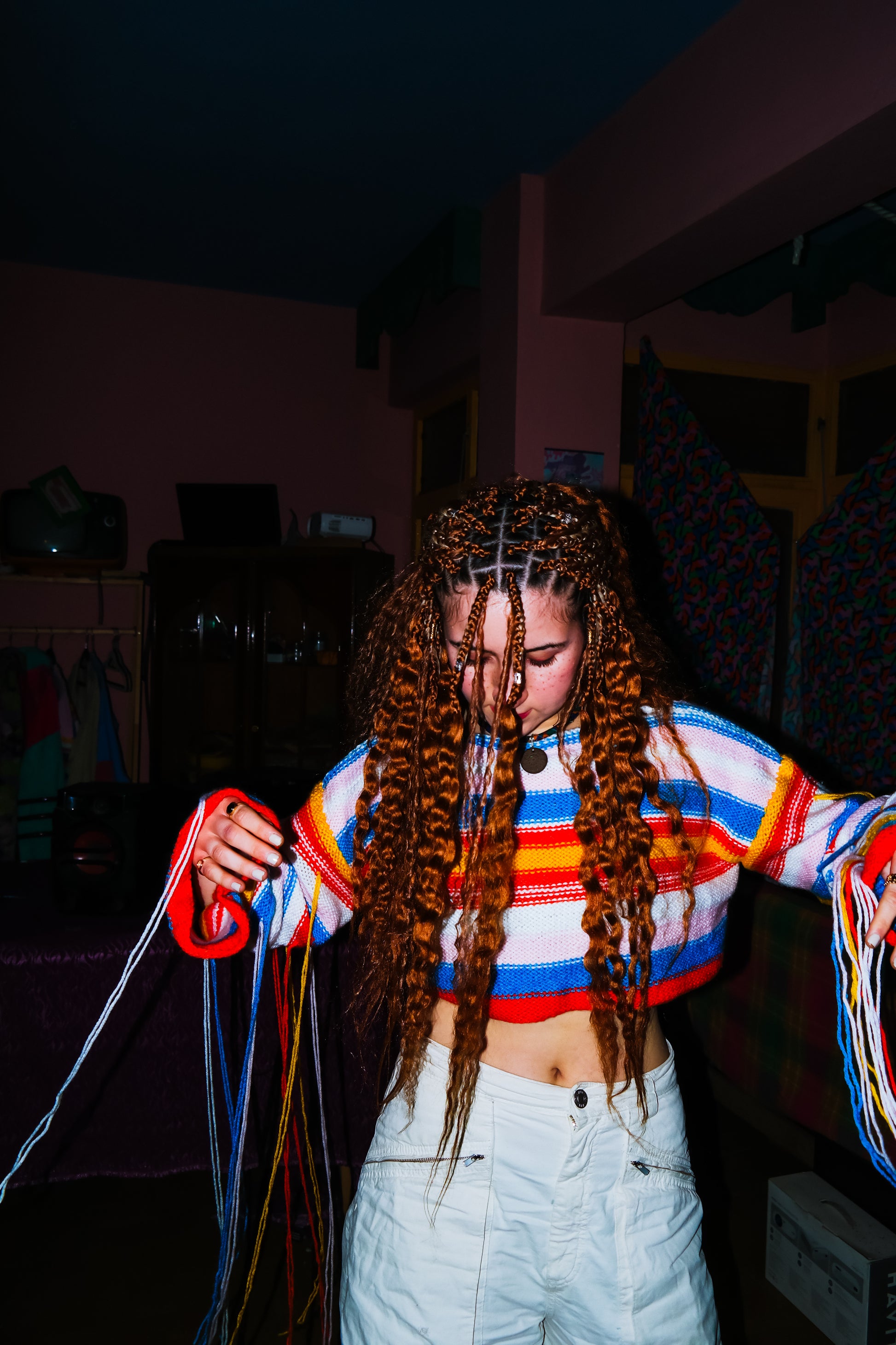 Çizgili püsküllü örgü kazak - melongeneCo