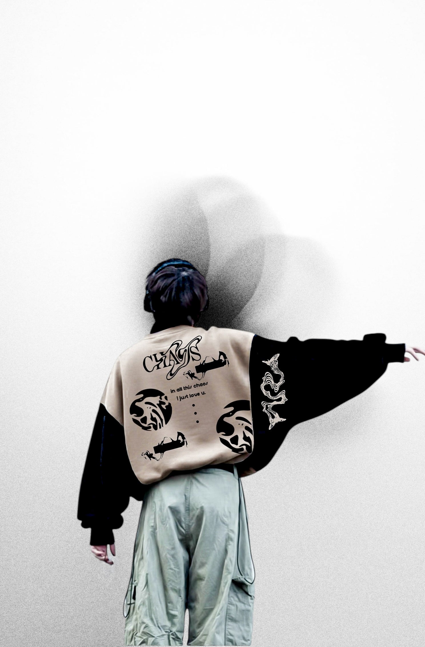 “in all this chaos, i just love u” bej siyah hırka ceket - melongeneCo