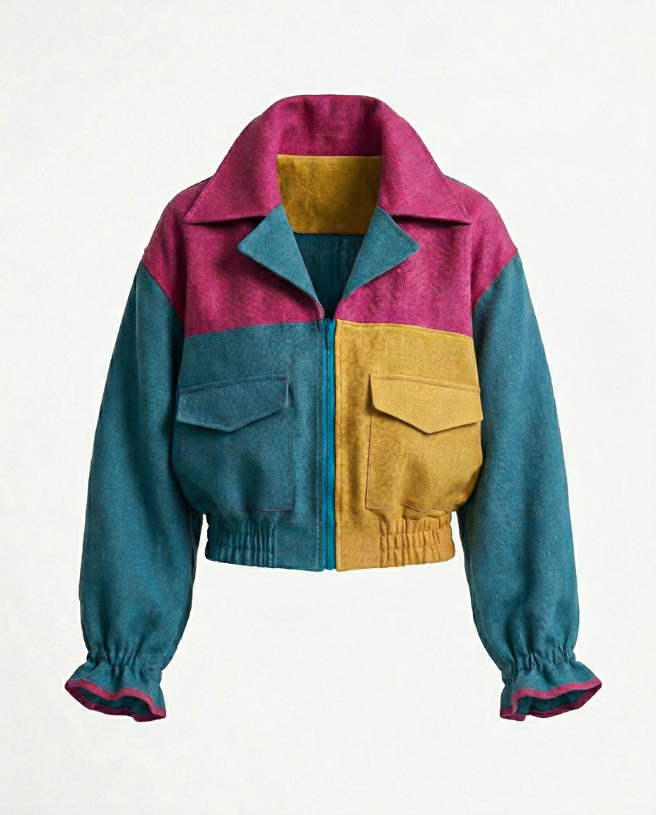 Cool yaka mavi pembe keten bomber ceket