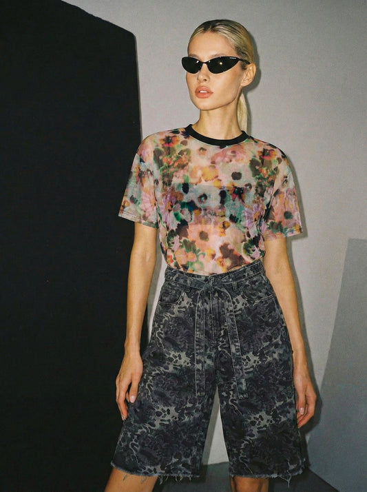 Transparan çiçekli unisex tişört