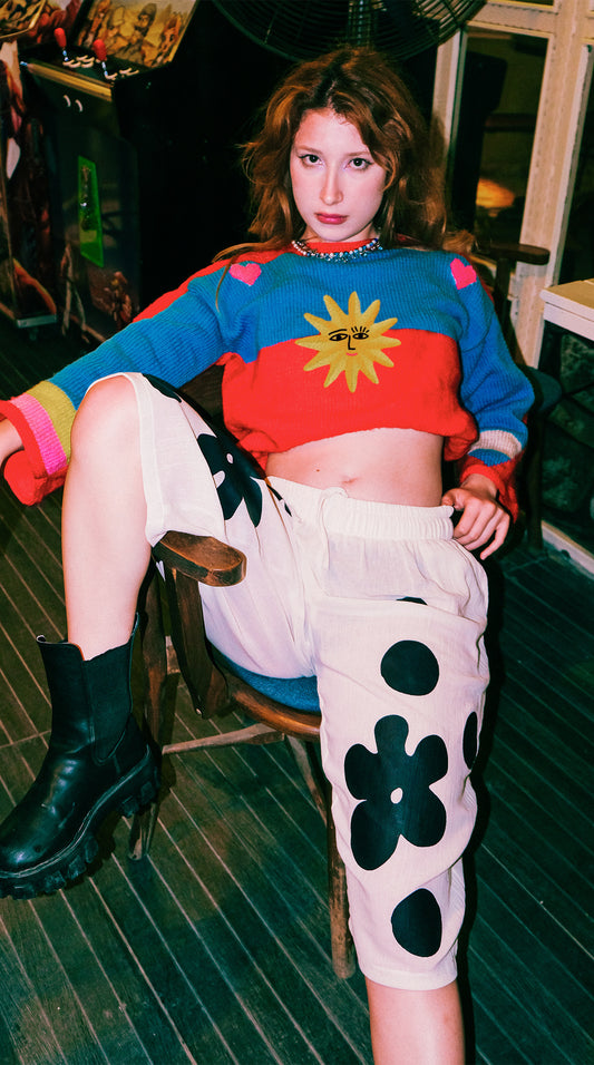 Özel tasarım sun and friends örgü kırmızı mavi sarı kazak