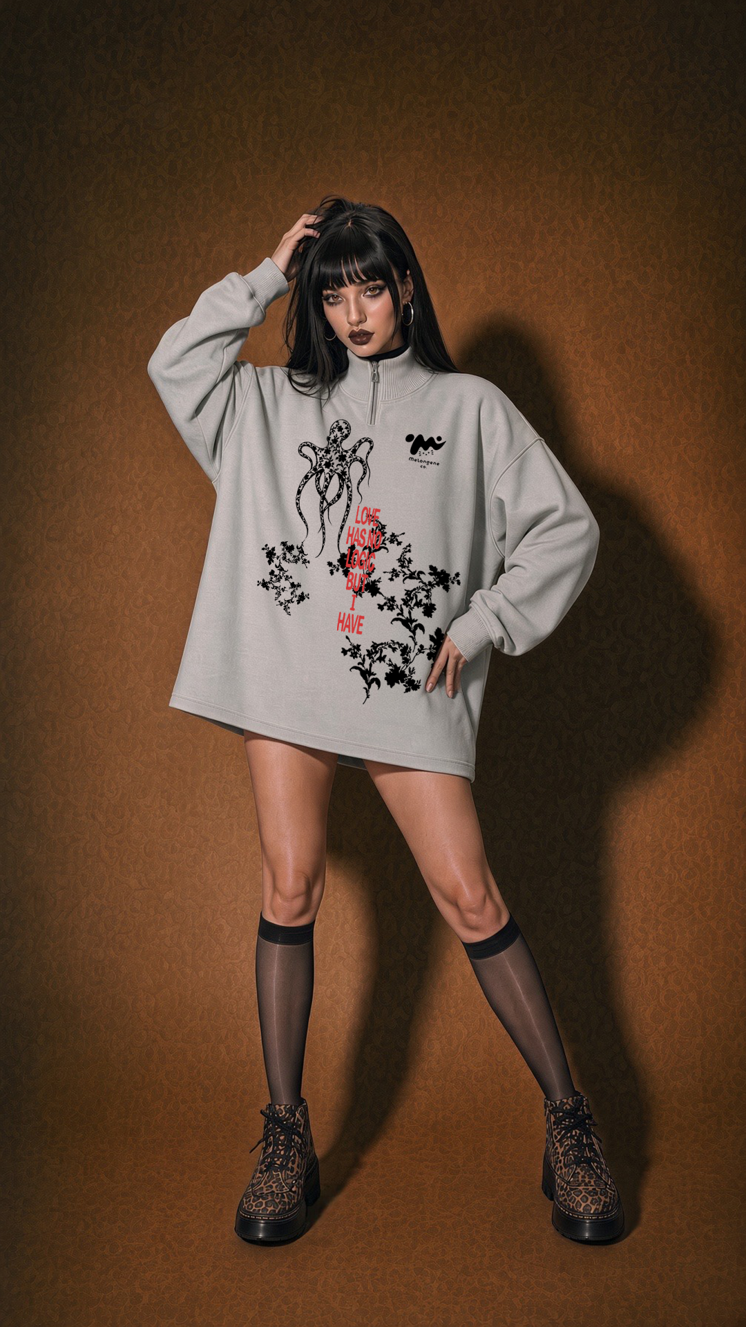 octopus & rose fermuarlı uzun gri sweatshirt