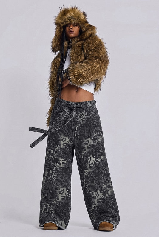 Kamuflaj desen ince geniş paça keten pantolon