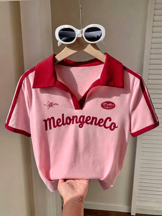 Melongene pink polo yaka crop tişört