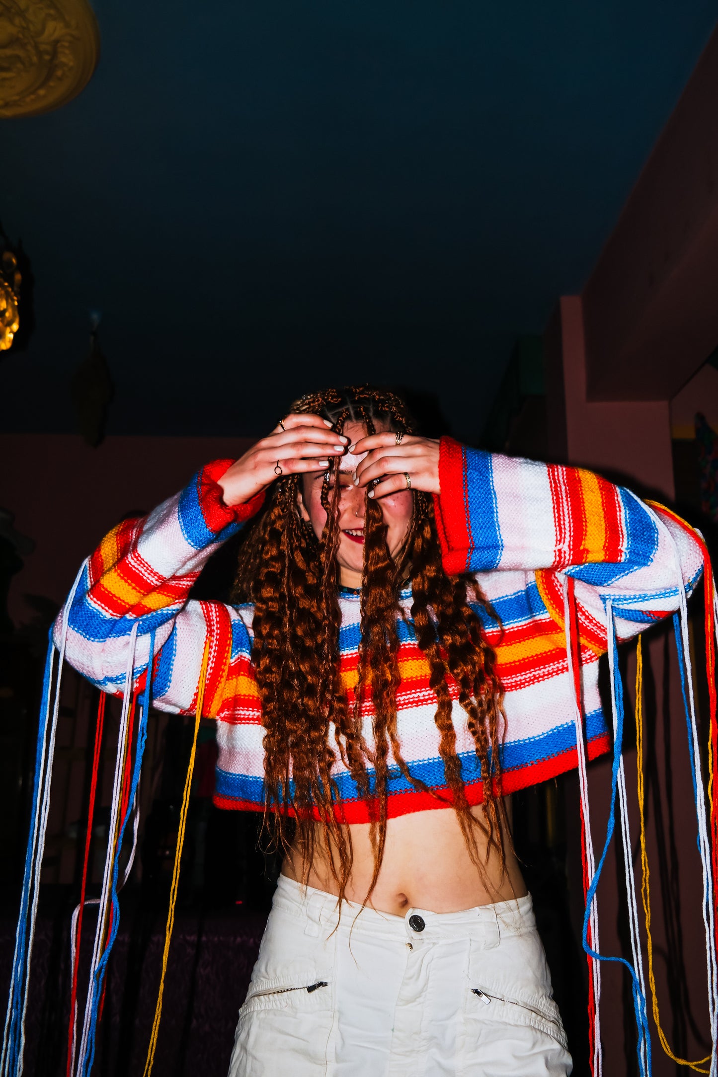 Çizgili püsküllü örgü kazak - melongeneCo