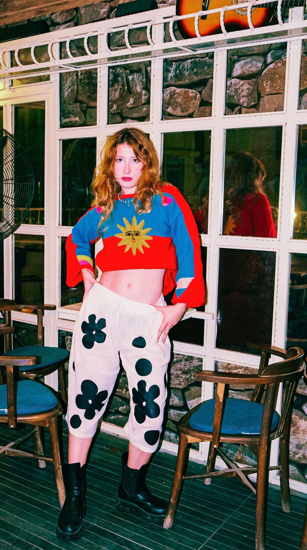 Özel tasarım sun and friends örgü kırmızı mavi sarı kazak