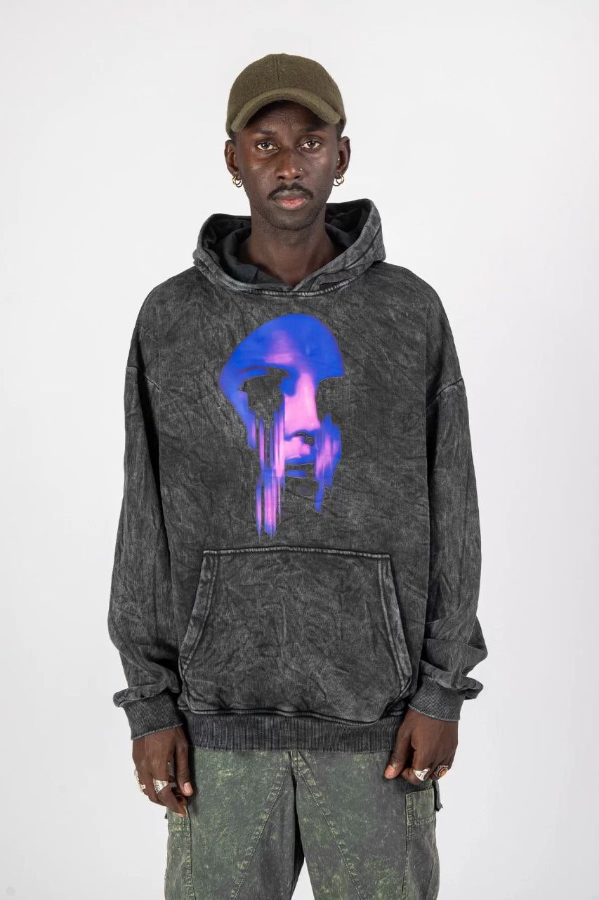 Acid wash siyah gri hoodie