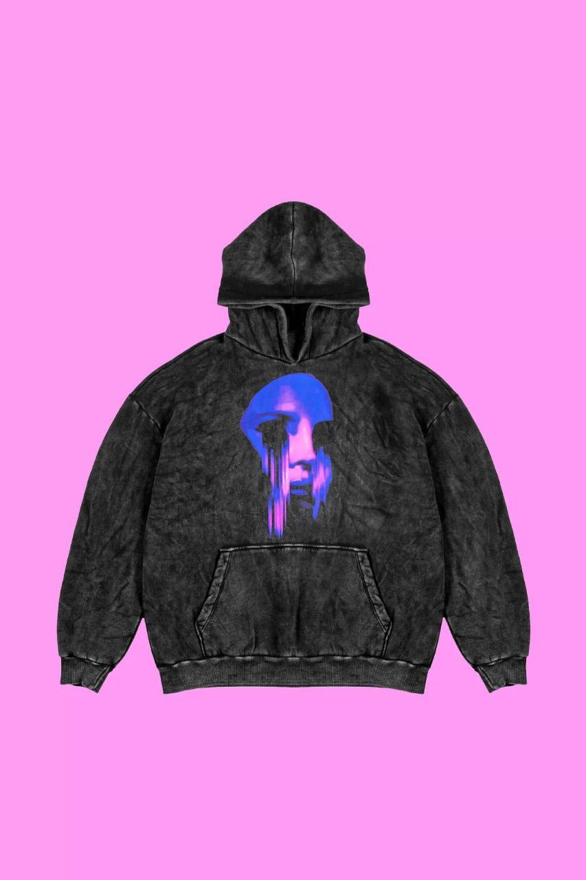 Acid wash siyah gri hoodie