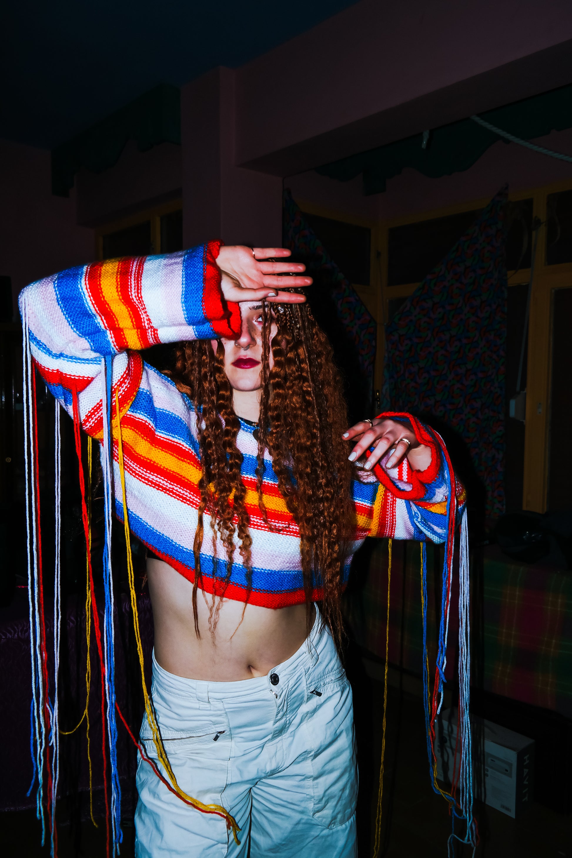 Çizgili püsküllü örgü kazak - melongeneCo