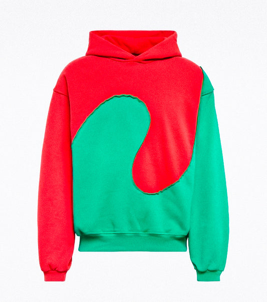 Turuncu ve yeşil dalgalı kapüşonlu oversıze hoodie sweat