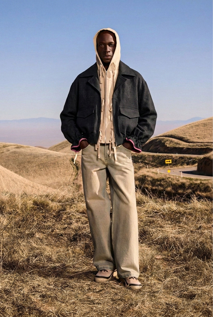 Cool yaka siyah keten bomber ceket