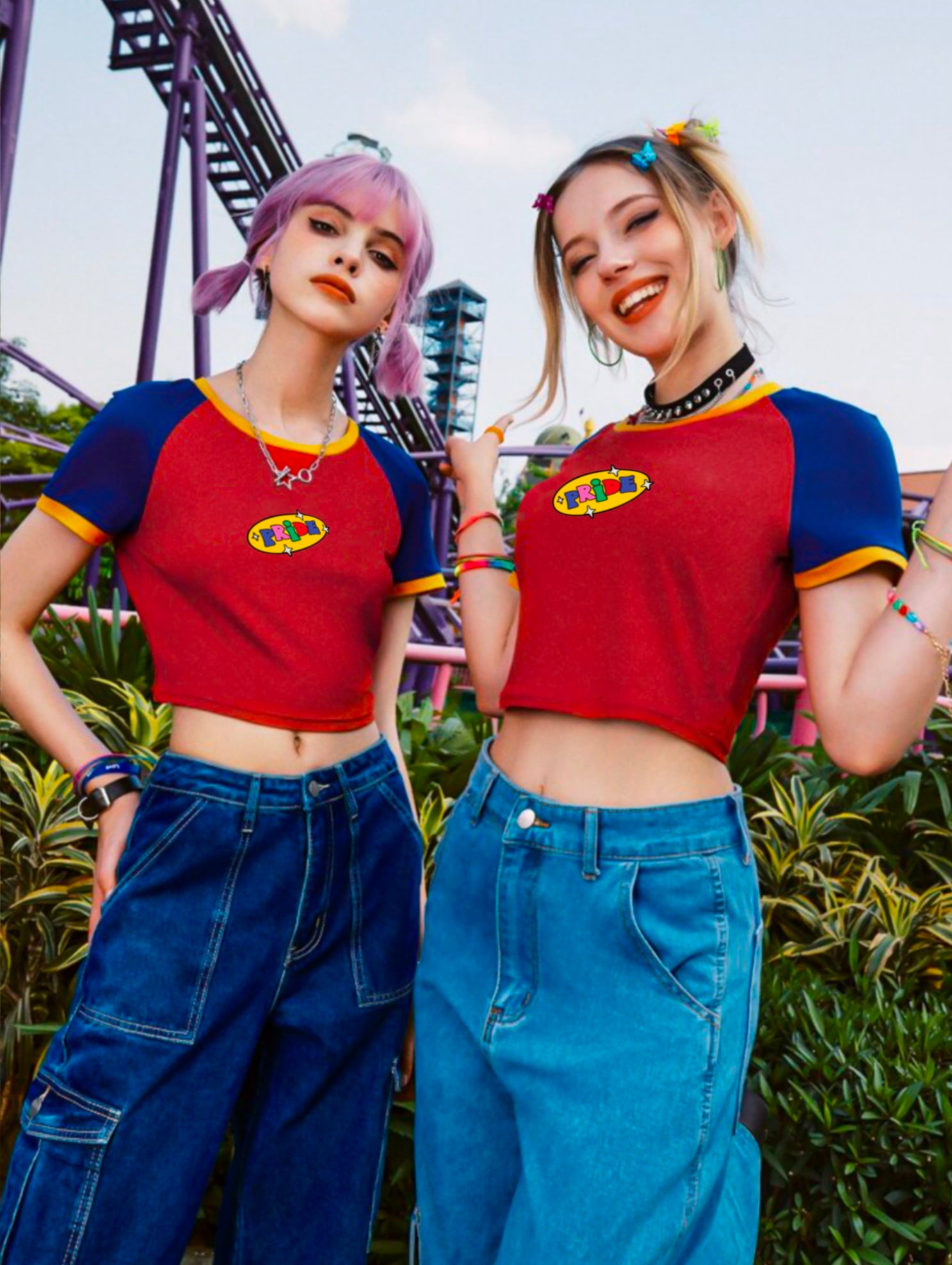 Pride kırmızı mavi slim crop retro tişört - melongeneCo