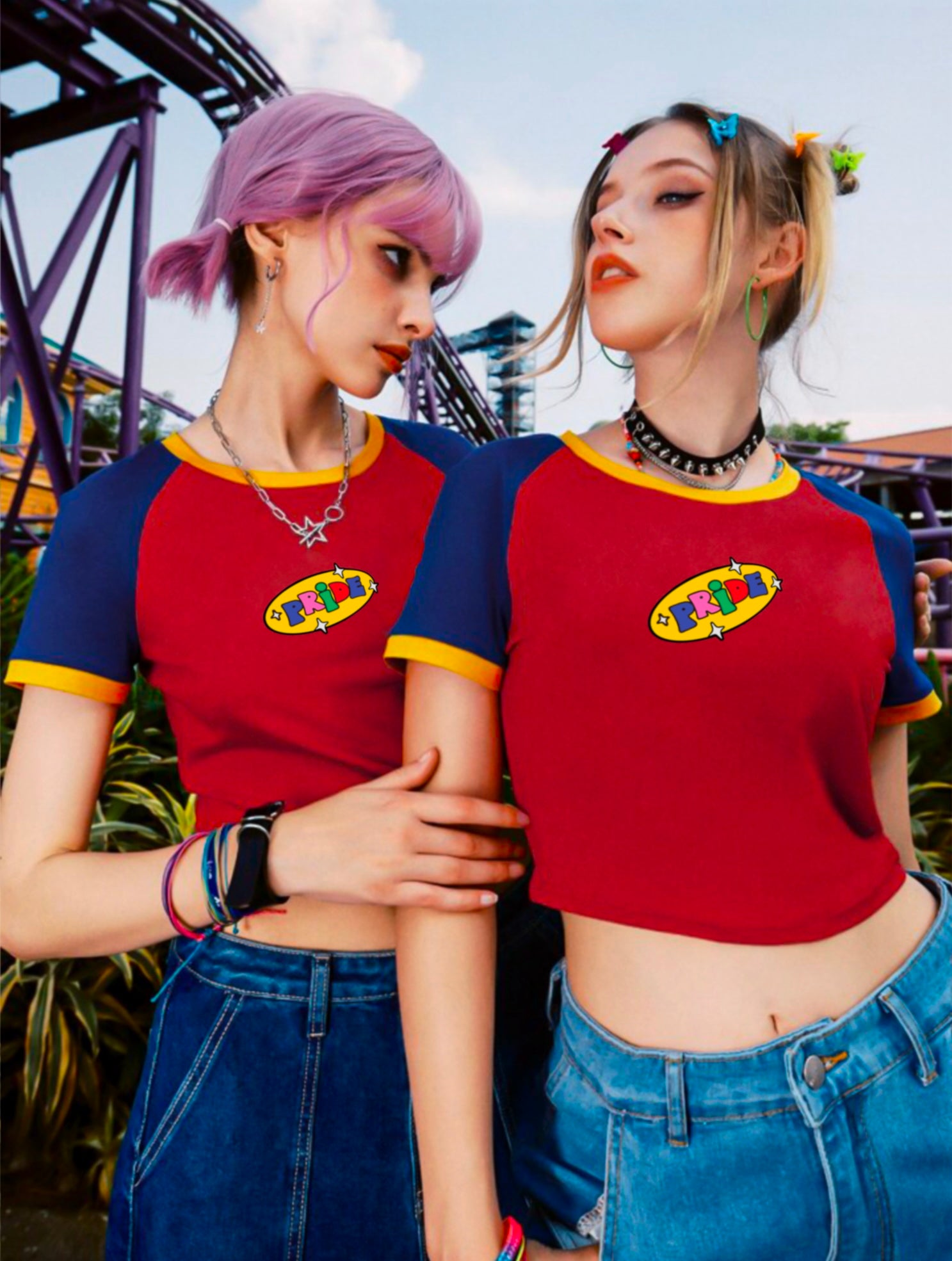 Pride kırmızı mavi slim crop retro tişört - melongeneCo